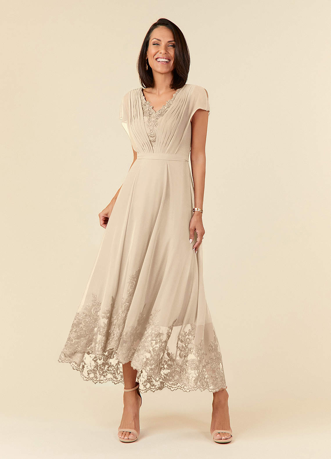 Champagne Azazie Palana A Line Lace Chiffon Asymmetrical Dress Azazie