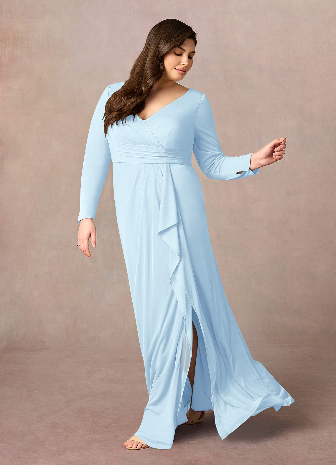 Sky Blue Azazie Risa Mermaid V Neck Pleated Mesh Floor Length Dress