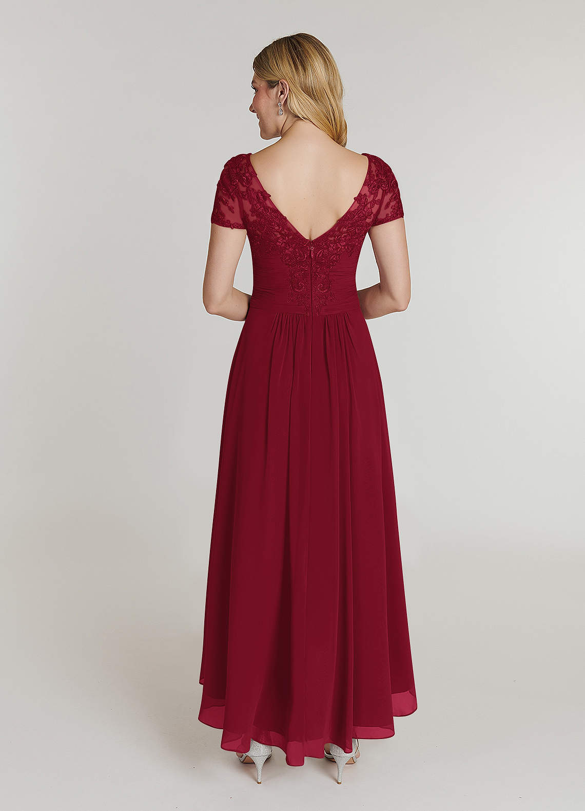 Burgundy Azazie Thais A Line Lace Chiffon Asymmetrical Dress Azazie