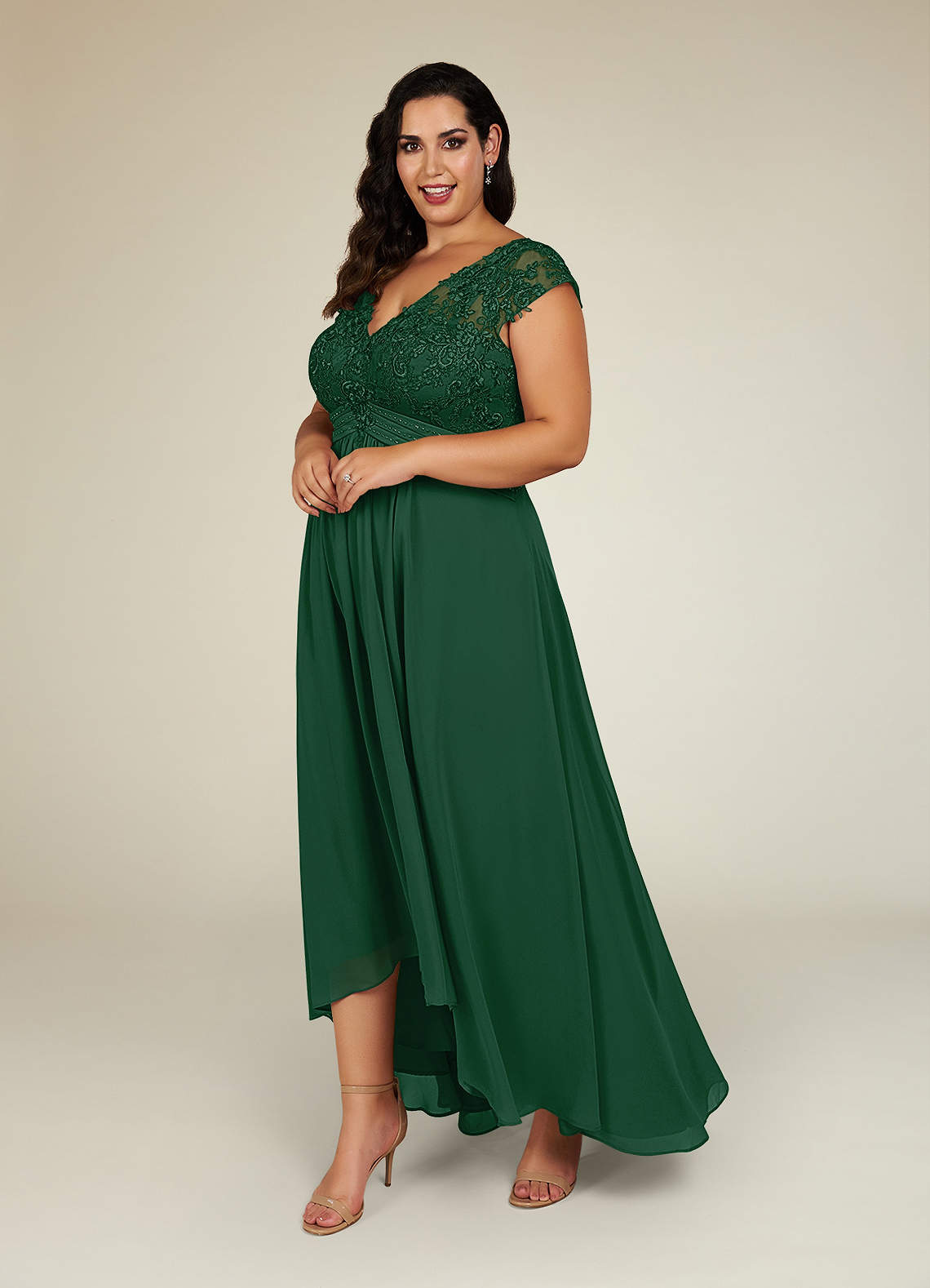 Dark Green Azazie Irmeli A Line Lace Chiffon Asymmetrical Dress Azazie