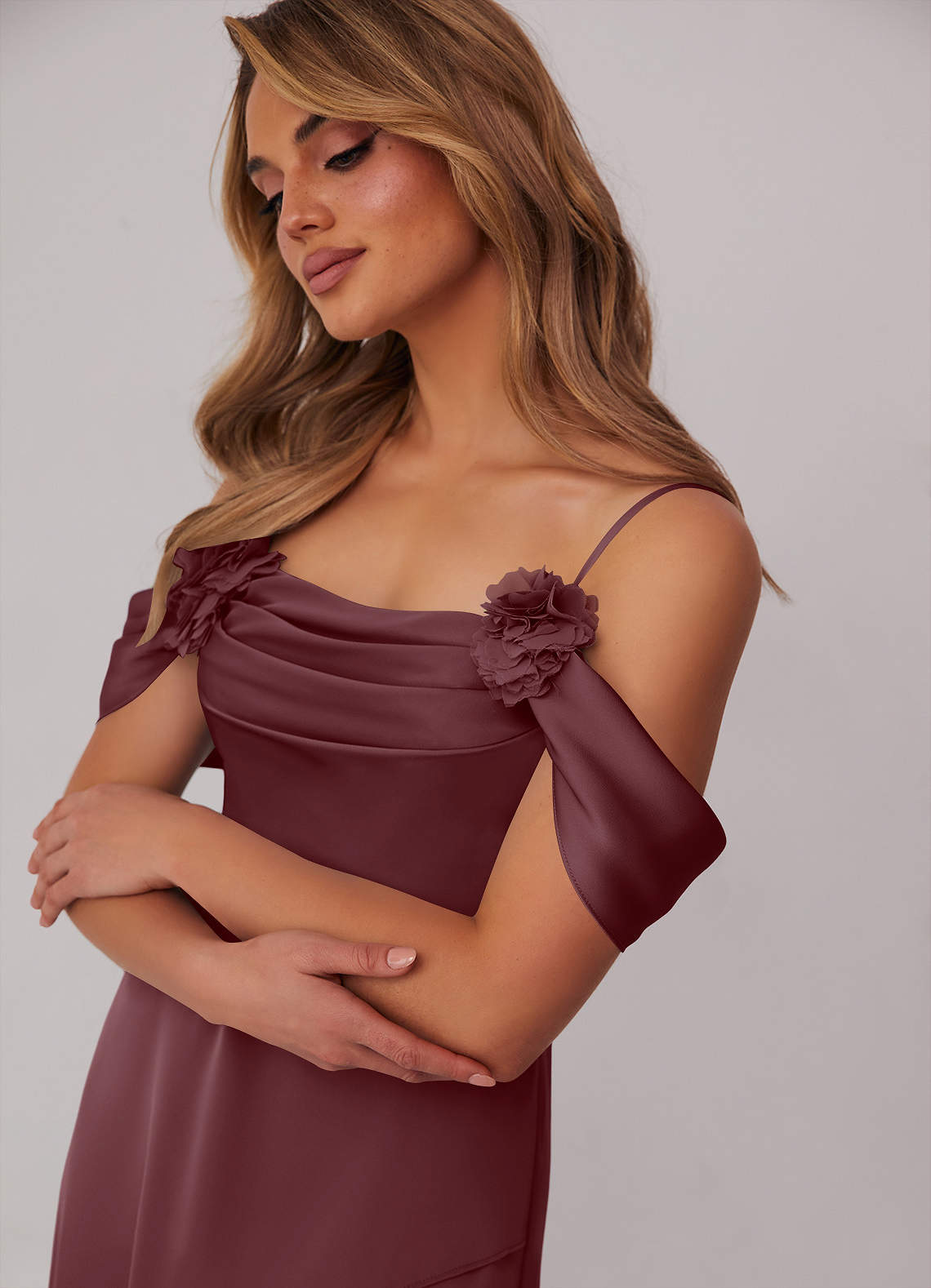 Sangria Rosette Cowl Stretch Satin A Line Dress Bridesmaid Dresses Azazie