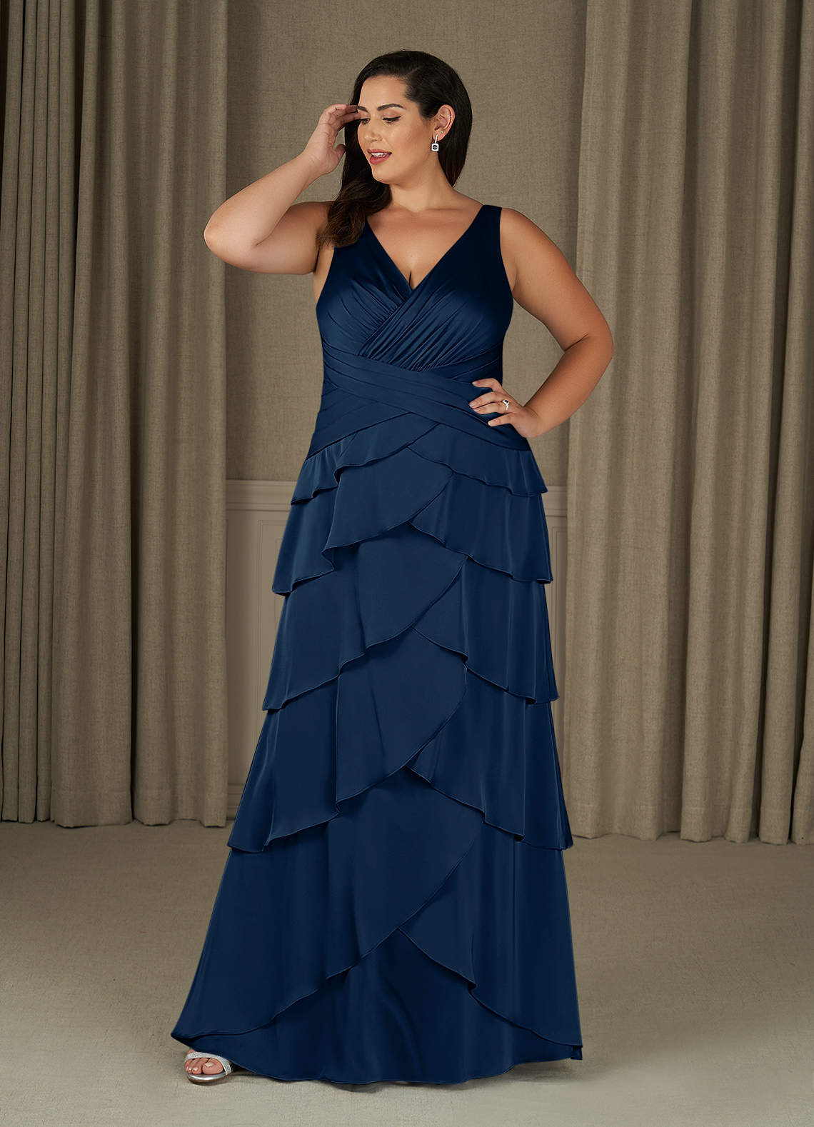 Dark Navy Azazie Viola A Line Pleated Stretch Satin Floor Length Dress