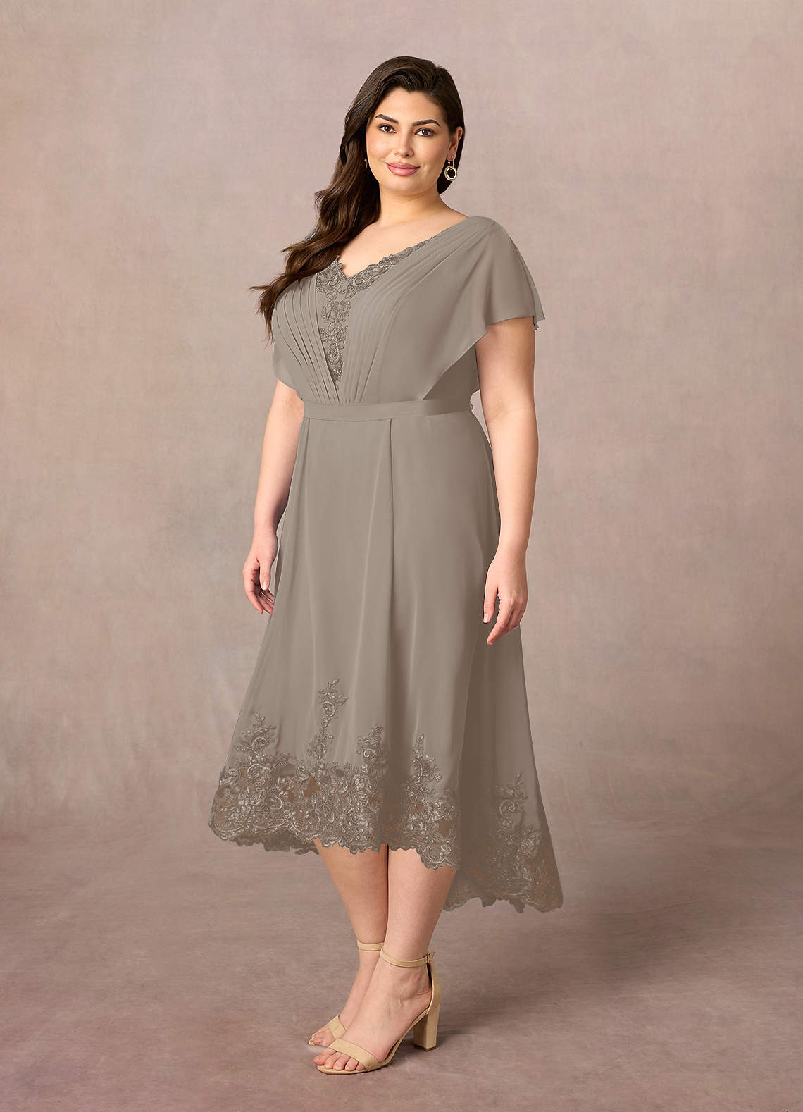 Taupe Azazie Palana A Line Lace Chiffon Asymmetrical Dress Azazie