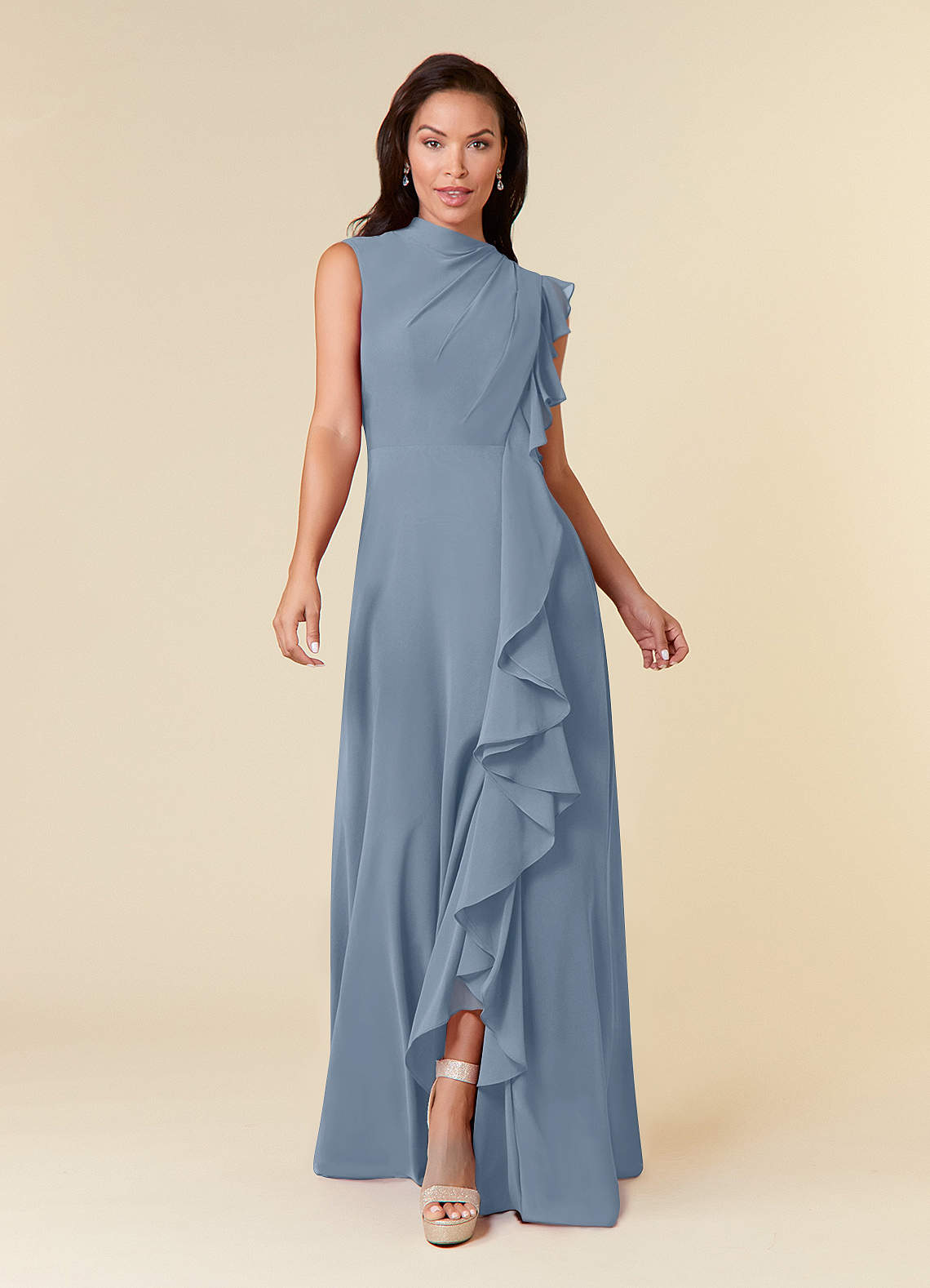 Dusty Blue Azazie Narine A Line High Neckline Pleated Chiffon Floor