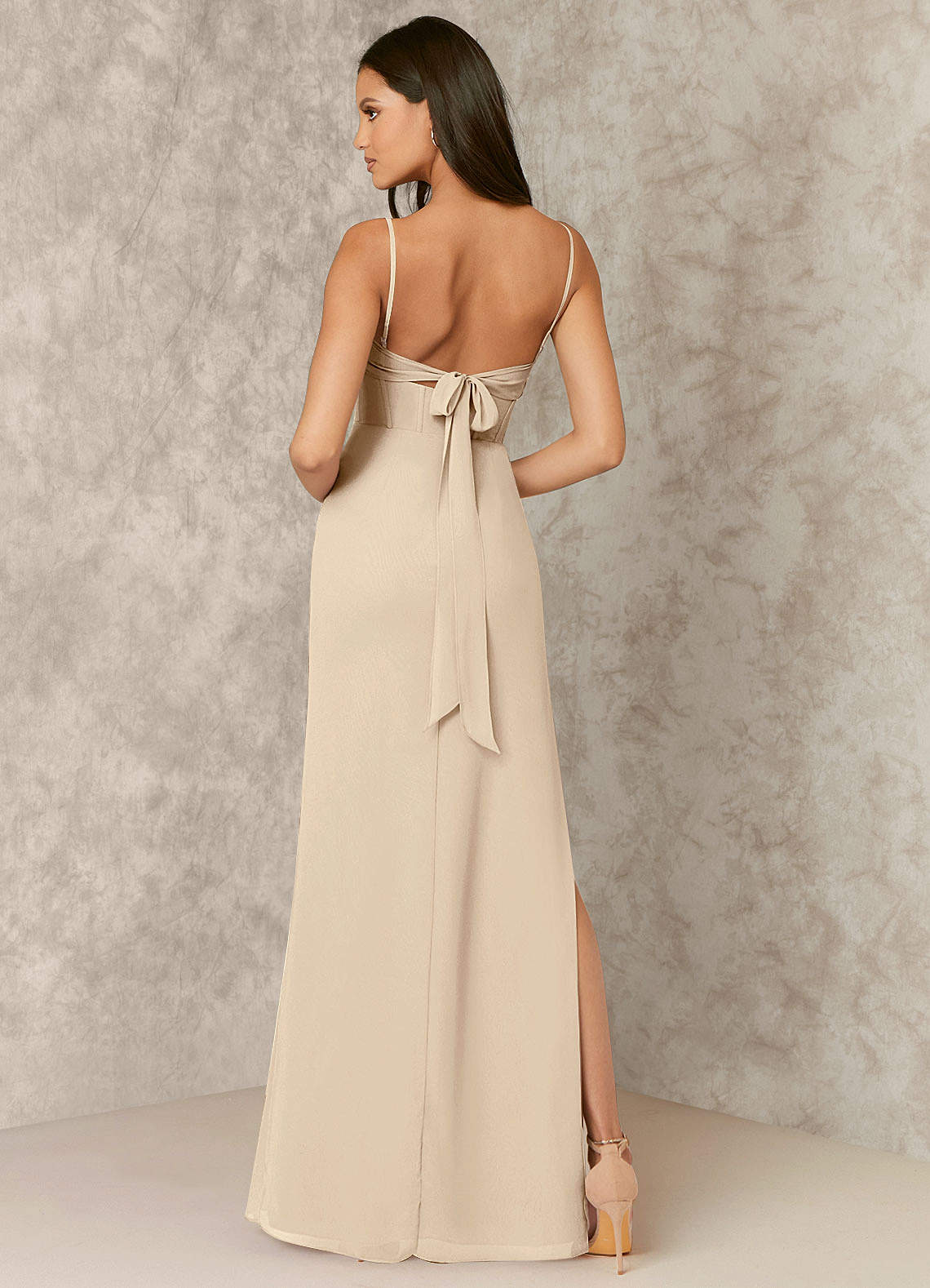 Champagne Corseted Chiffon Column Dress Bridesmaid Dresses Azazie