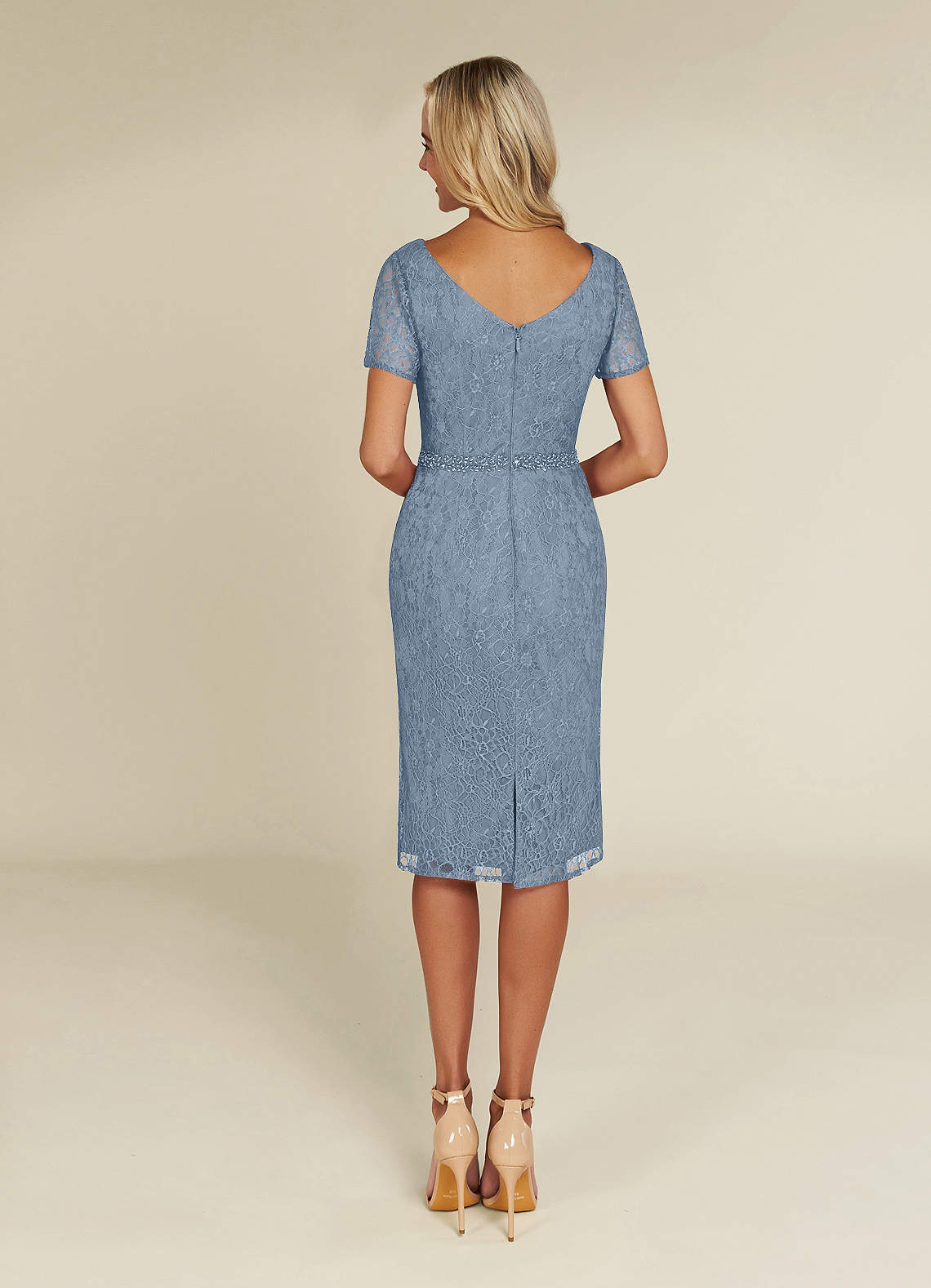 Dusty Blue Azazie Lucilia Sheath Lace Knee Length Dress Azazie