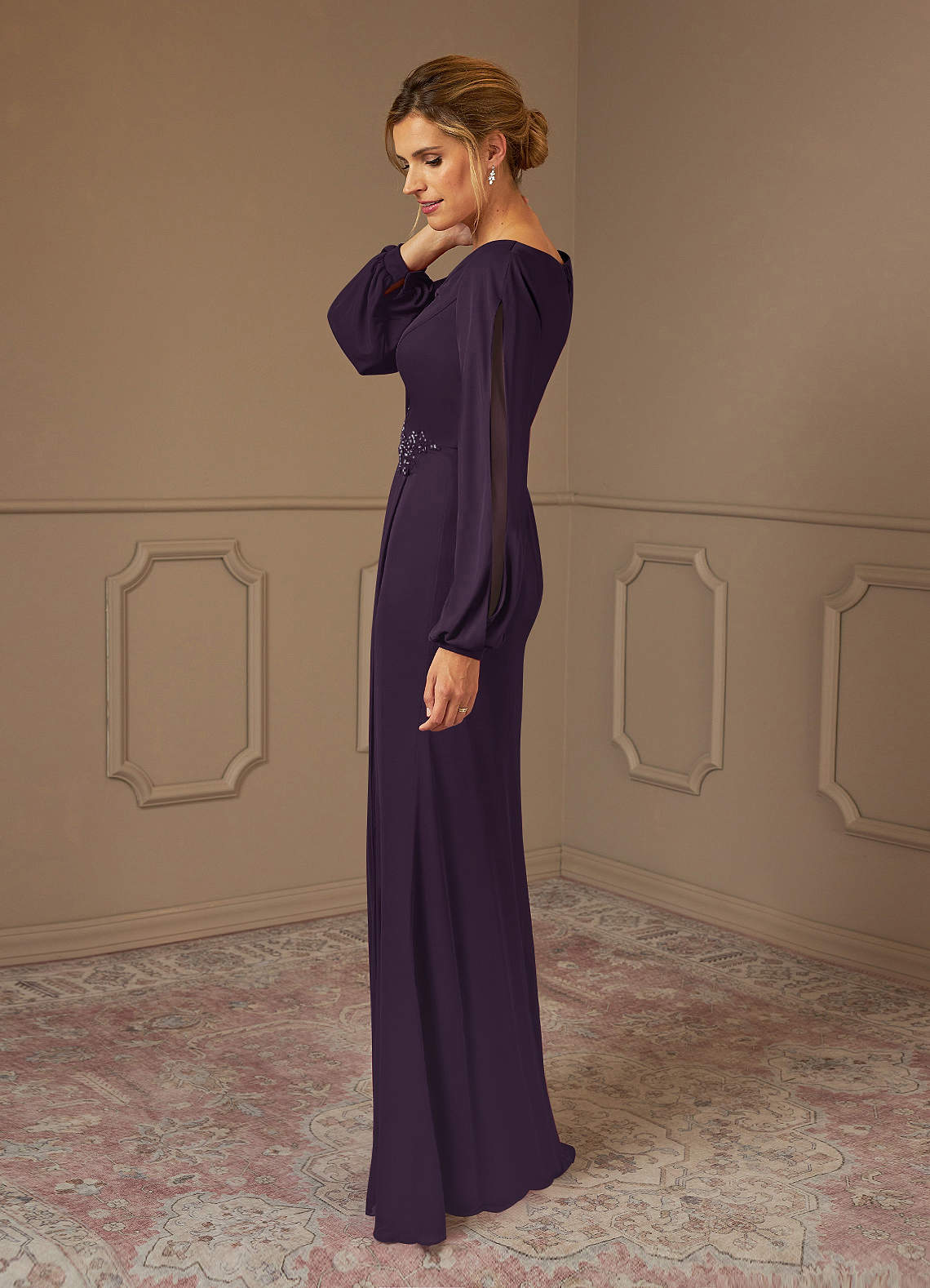 Plum Azazie Satasha A Line Cowl Neckline Lace Mesh Floor Length Dress