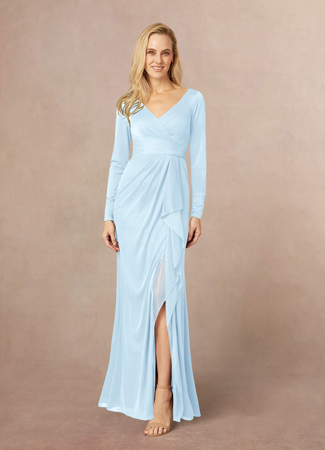 Sky Blue Azazie Risa Mermaid V Neck Pleated Mesh Floor Length Dress