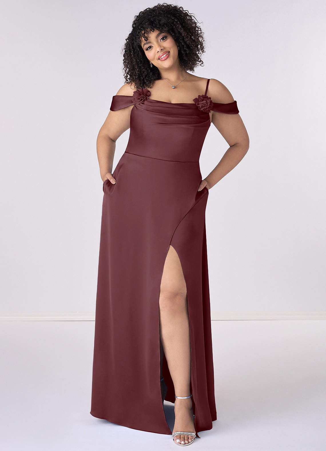 Sangria Rosette Cowl Stretch Satin A Line Dress Bridesmaid Dresses Azazie