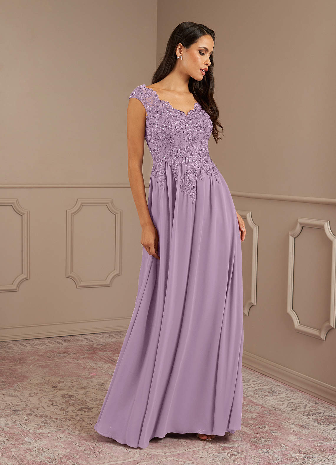 Wisteria Azazie Amethyst A Line V Neck Sequins Chiffon Floor Length