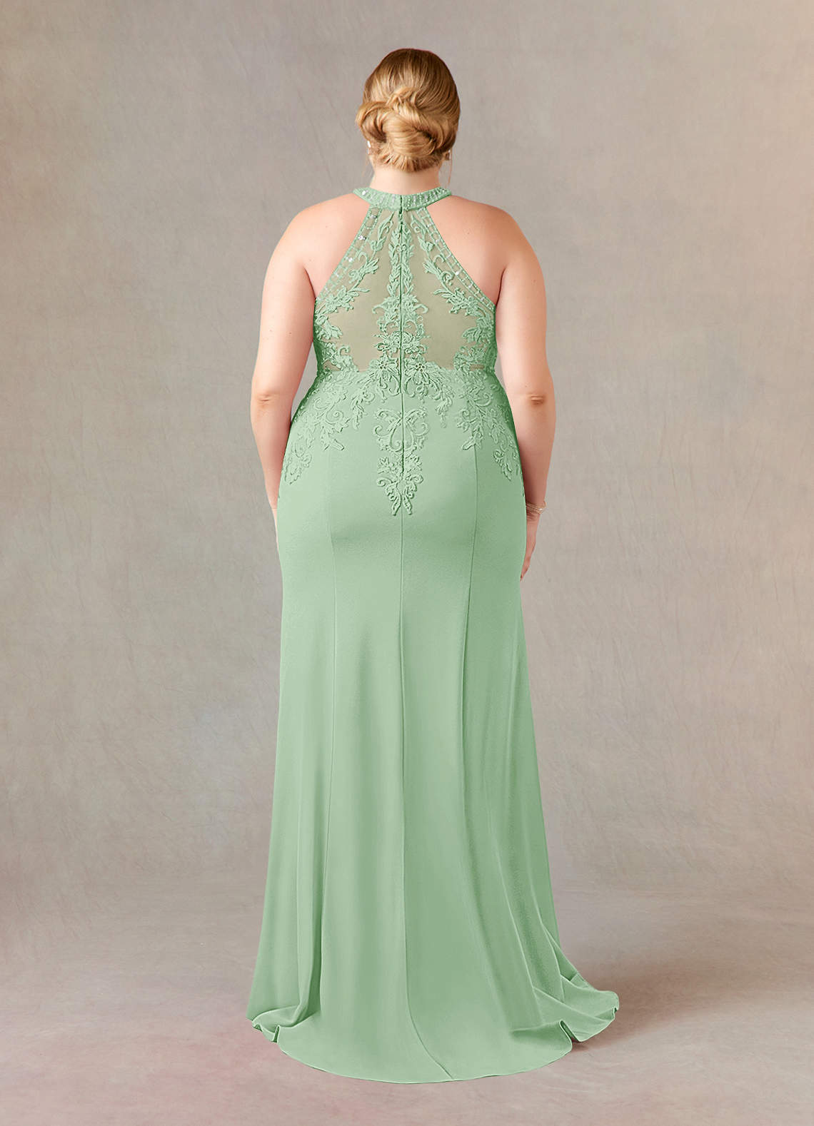 Dusty Sage Azazie Tyra Mermaid Halter Lace Stretch Crepe Sweep Train