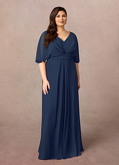 Azazie Oksana Dark Navy A Line V Neck Pleated Chiffon Dress Mother Of