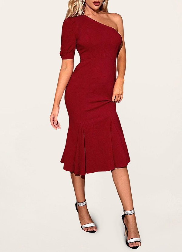 Steal A Glance Burgundy One Shoulder Midi Dress Dresses Azazie