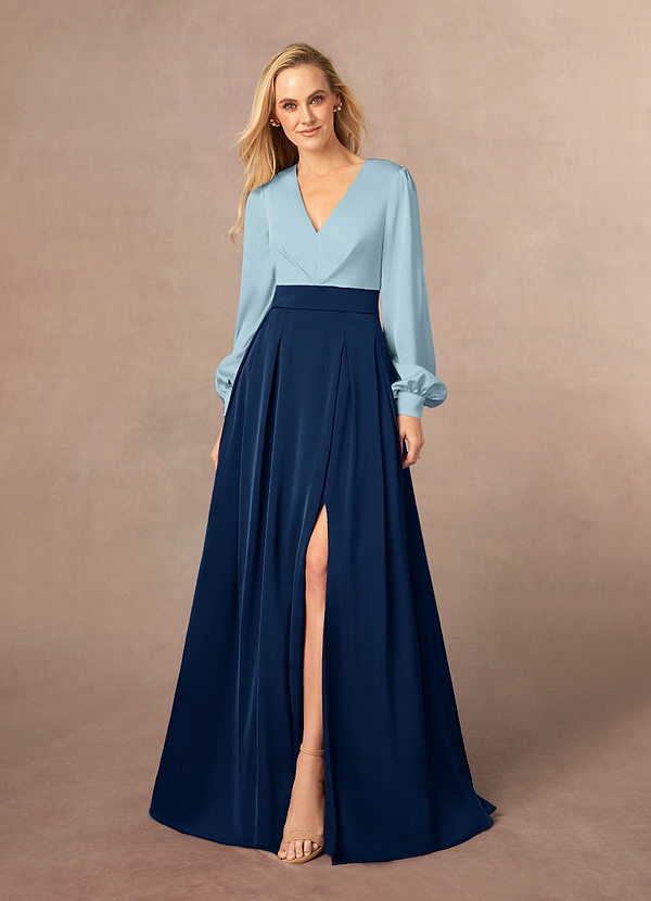 Moody Blue Dark Navy Azazie Betsey A Line Pleated Stretch Satin Floor