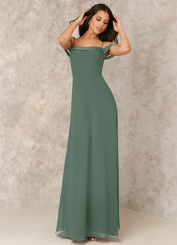 Eucalyptus Stretch Satin Off Shoulder Chiffon A Line Dress Bridesmaid