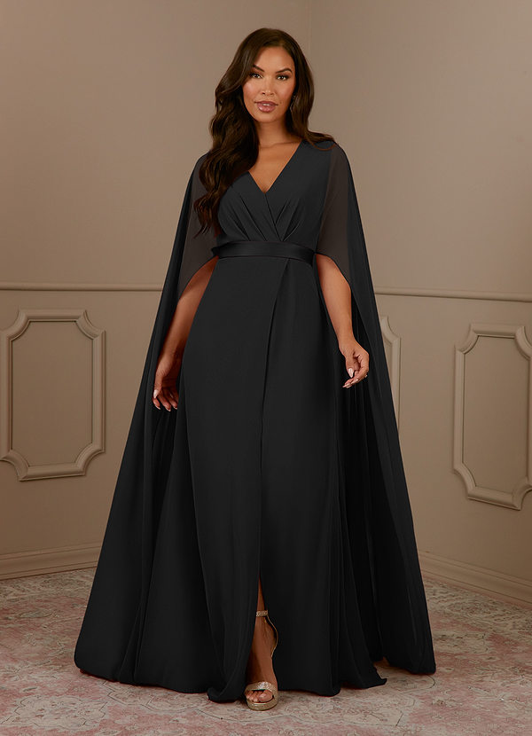 Black Azazie Isa A Line V Neck Pleated Chiffon Floor Length Dress Azazie