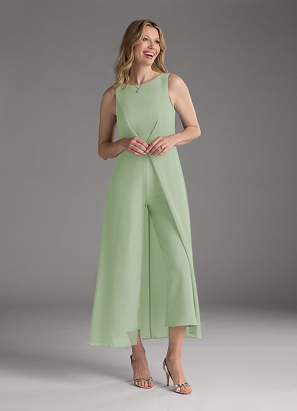 Azazie Anitta Dusty Sage Jumpsuit Pantsuit Pleated Stretch Crepe Dress