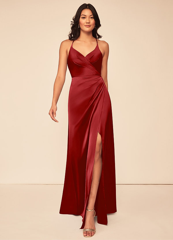 Pomegranate Azazie Geanna Stretch Satin Dress Bridesmaid Dresses Azazie