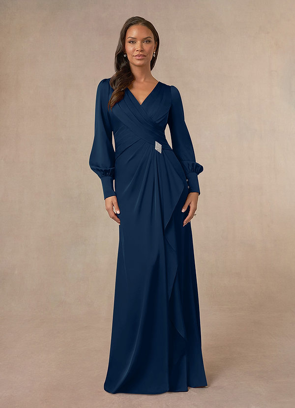 Bleu Marine Fonc Azazie Petrina Robe Sir Ne Pliss Longueur Sol Satin