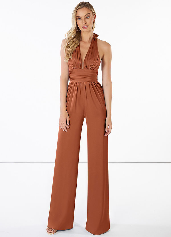 Azazie Oli Stretch Satin Jumpsuit Cedar Rose Bridesmaid Dresses Azazie