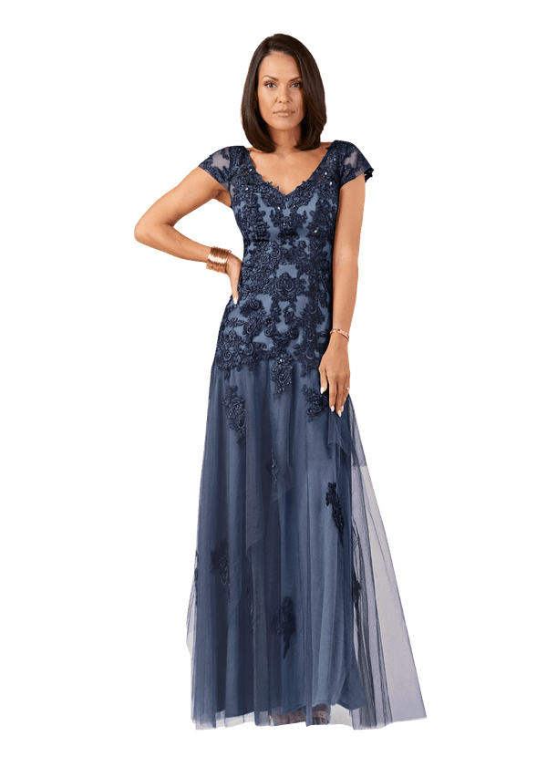 Azazie Romy Dark Navy Dusty Blue Mermaid V Neck Sequins Tulle Dress