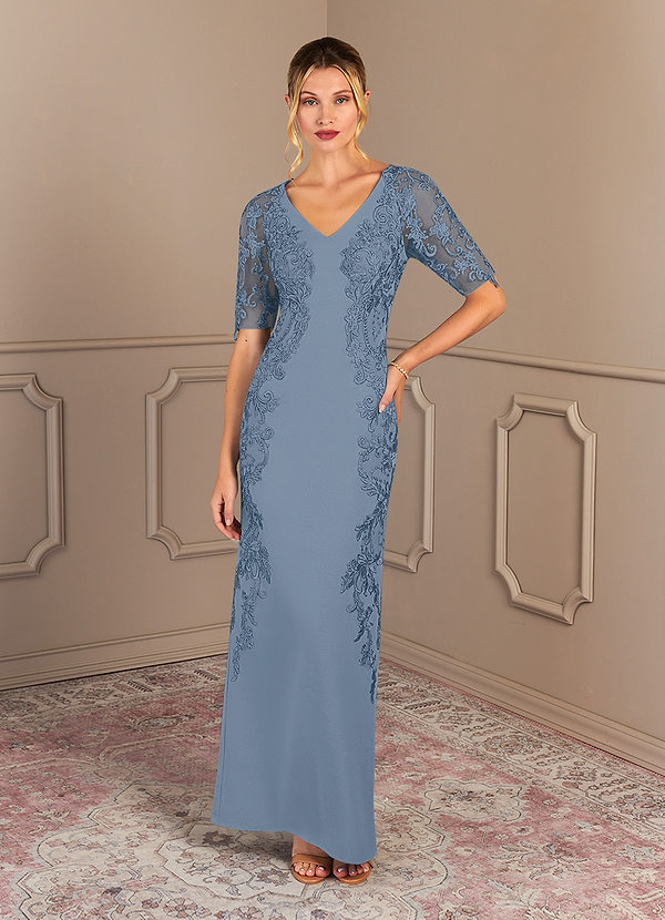 Dusty Blue Azazie Farrah Sheath Lace Stretch Crepe Floor Length Dress