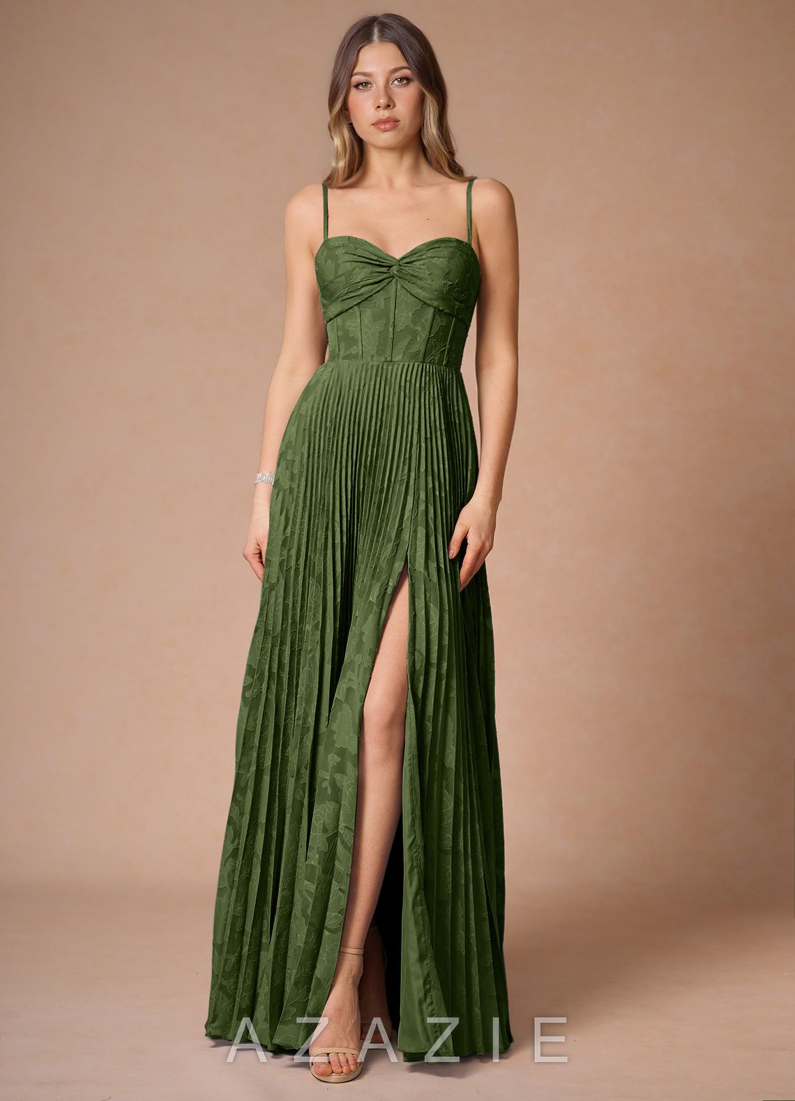 Akiko Eucalyptus Pleated Maxi Dress-AZAZIE|24025