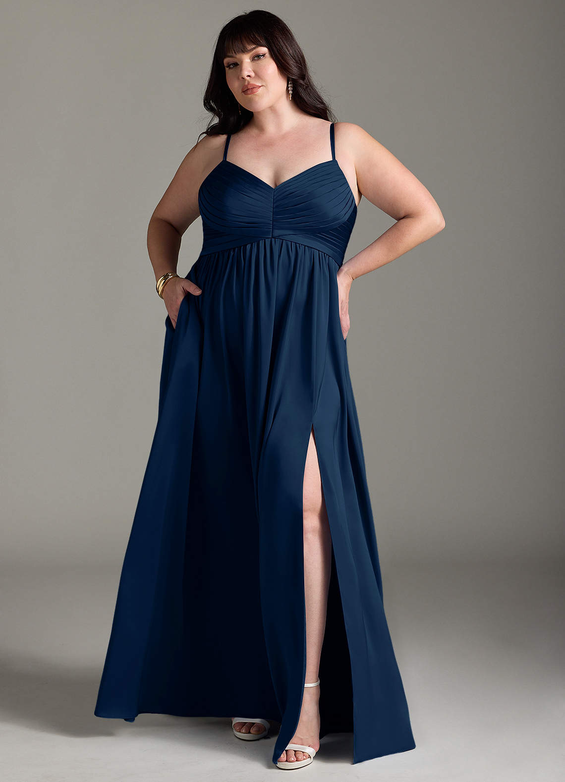 Azazie Alia Bridesmaid Dresses Dark Navy A-Line Pleated Stretch Satin Dress image1