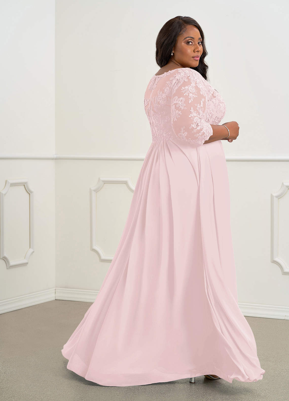 Azazie Hayek Blushing Pink A-Line V-Neck Lace Chiffon Dress | Azazie