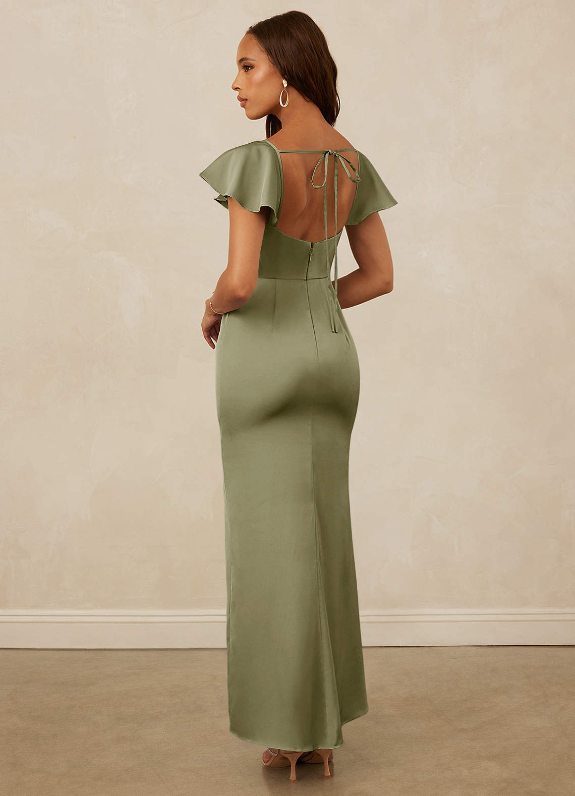 Christian Siriano Bridal for Azazie 1005 Bridesmaid Dresses Flutter Sleeve Stretch Satin Sheath Dress image1
