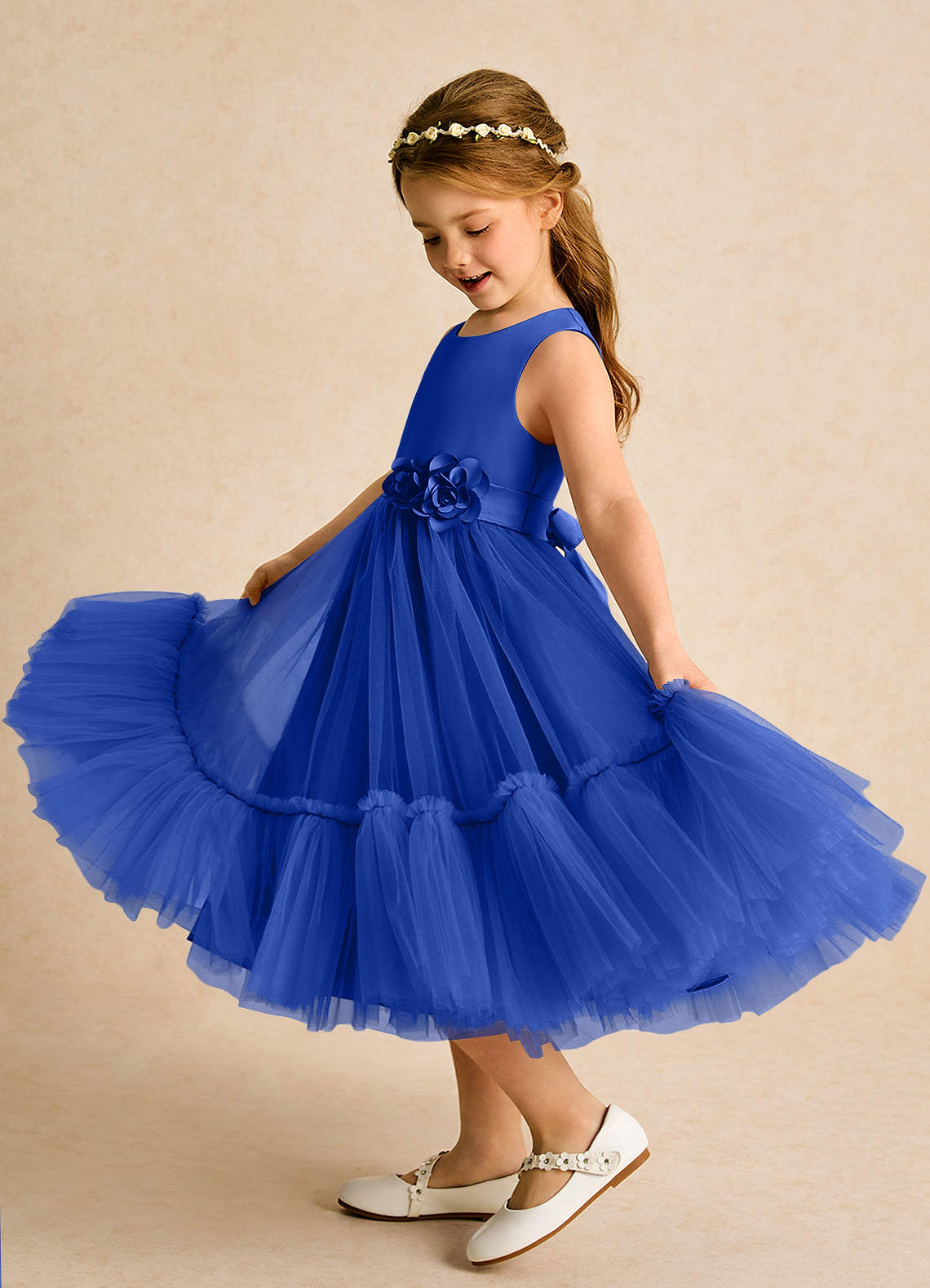 Azazie Miracle vestidos de niña de las flores Vestido de Azul Real de Satin Mate de Corte En A con Lazo image1