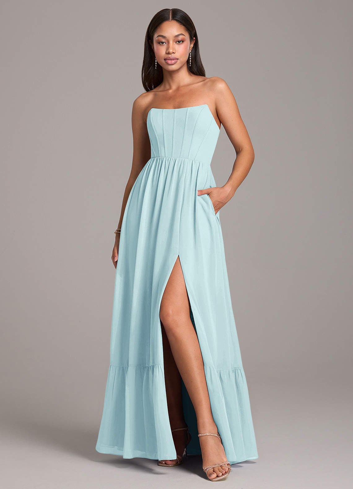 Azazie Kailee Bridesmaid Dresses Sea Glass A-Line with Pockets Chiffon Dress image1
