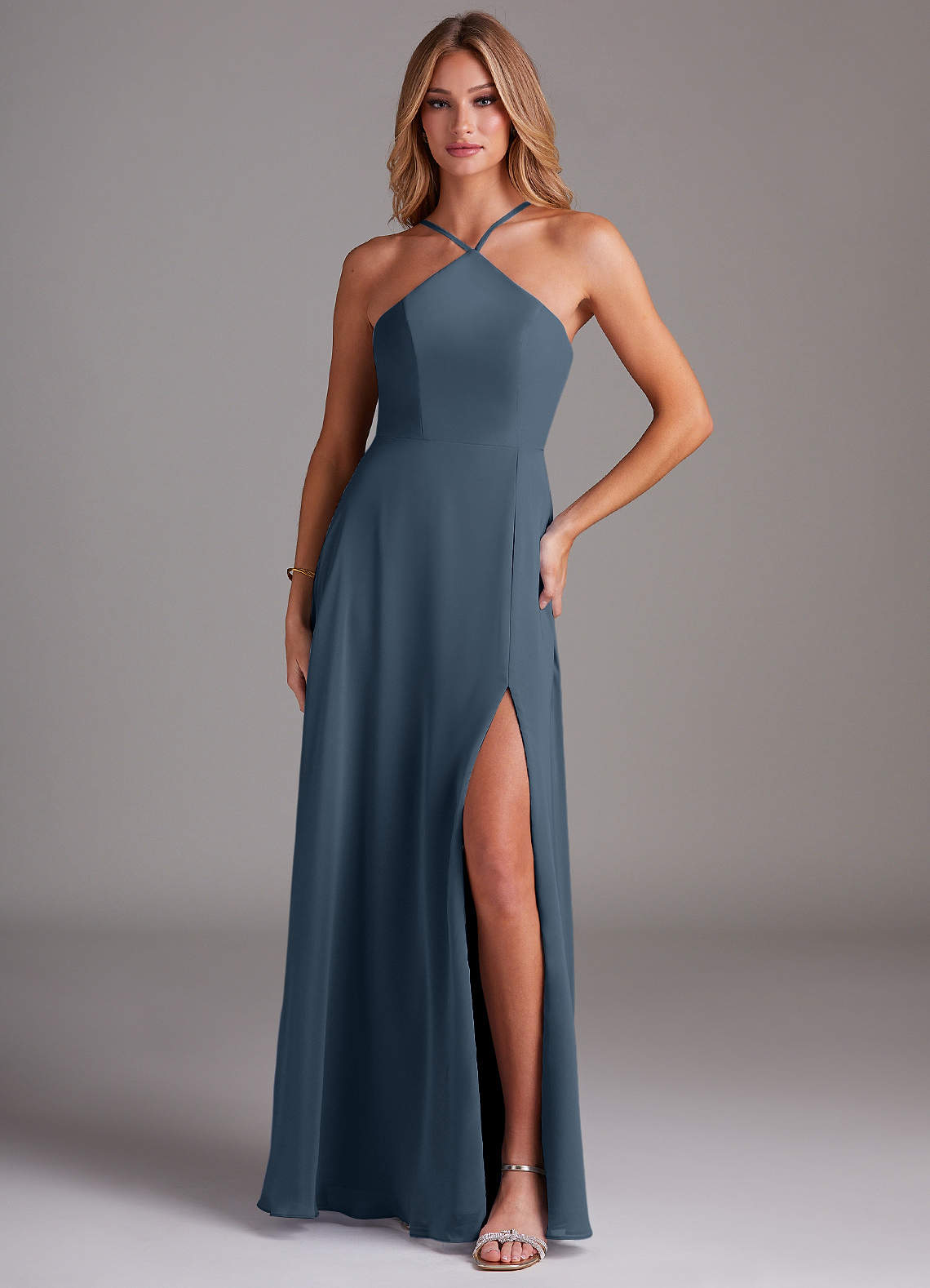 Azazie Bailey Bridesmaid Dresses Neptune A-Line Halter Side Slit Chiffon Dress image1