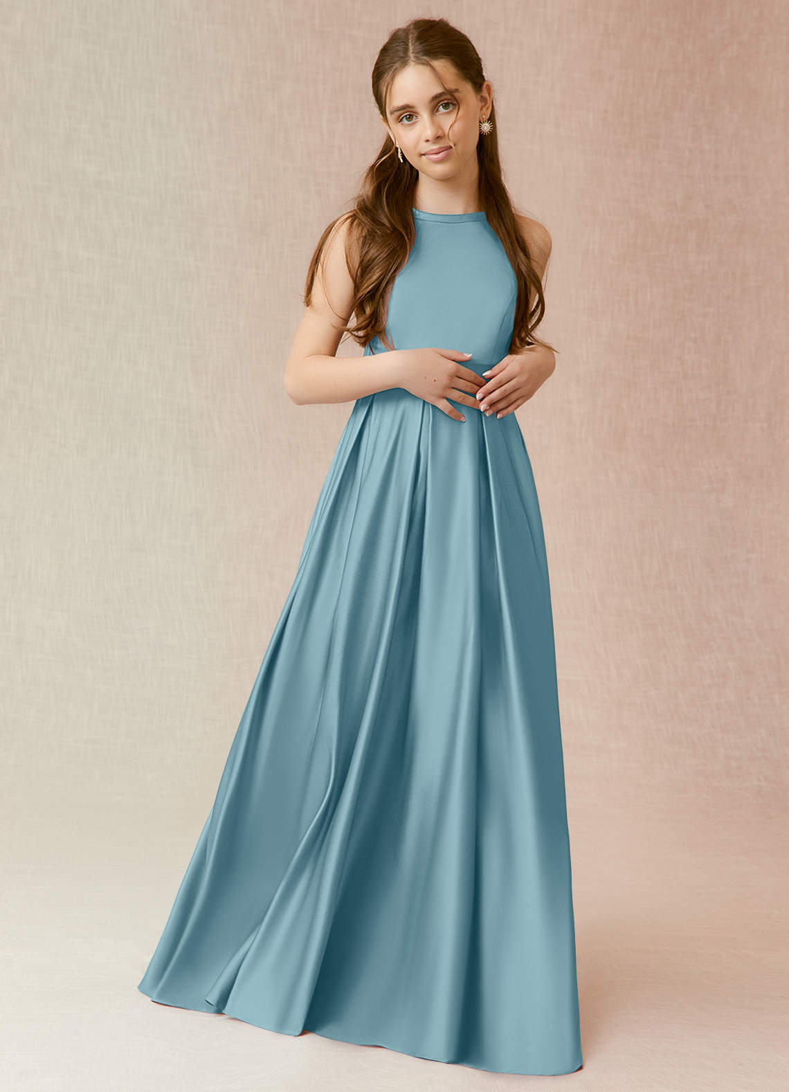 Azazie Arianthe Junior Moody Blue A-Line with Pockets Matte Satin Dress image1