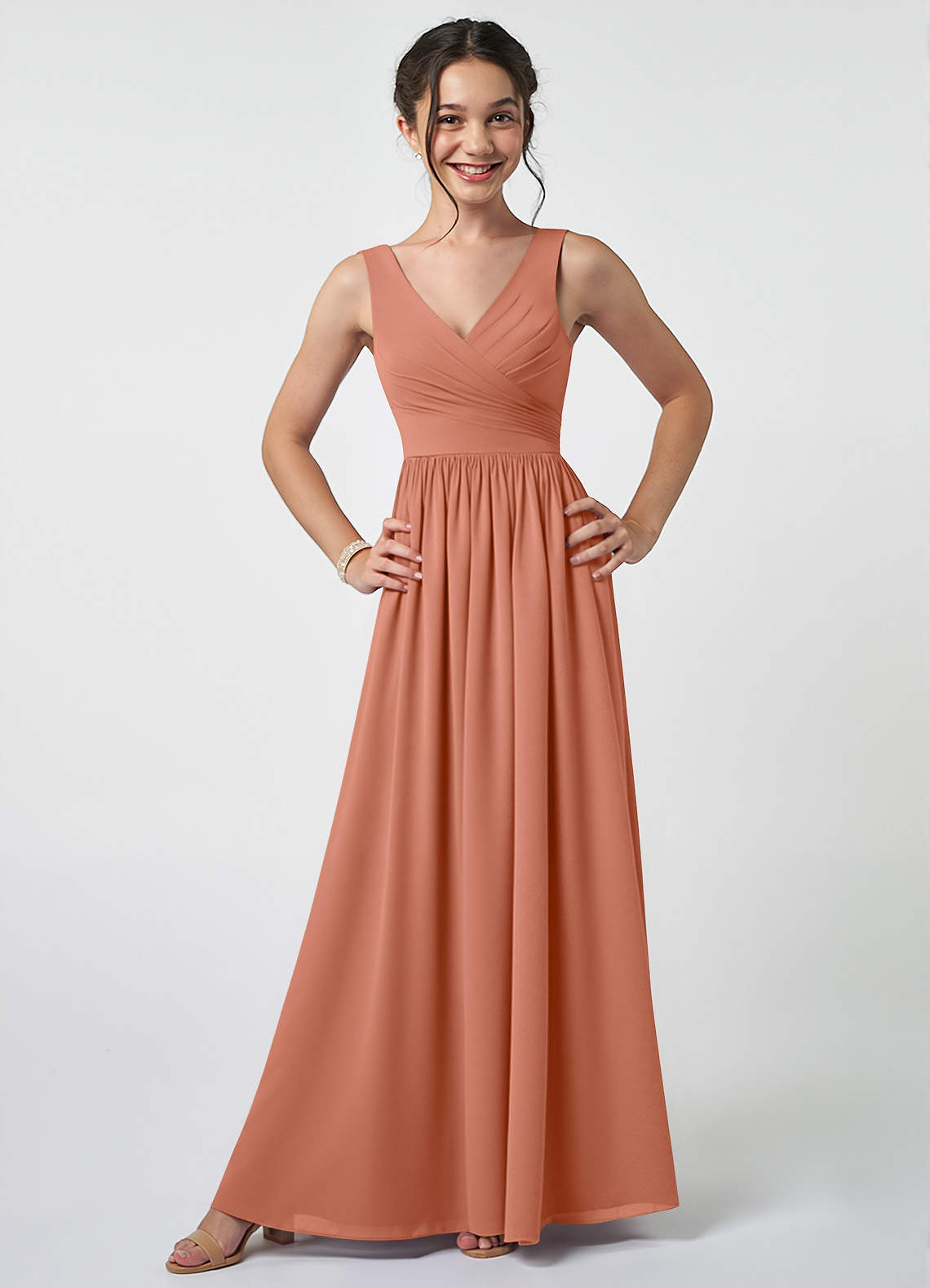 Azazie Keyla Junior A-Linie Plissee Chiffon Kleid Mai Tai image1