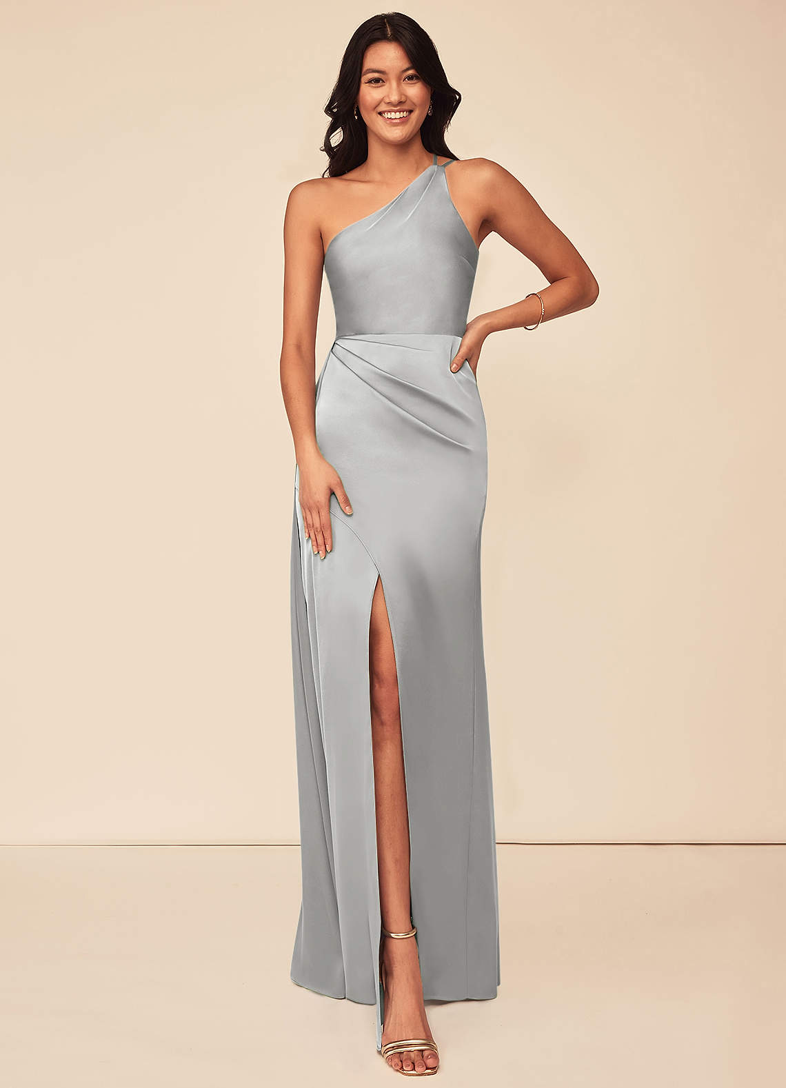 Azazie Maron Bridesmaid Dresses Silver A-Line One Shoulder Stretch Satin Dress image1