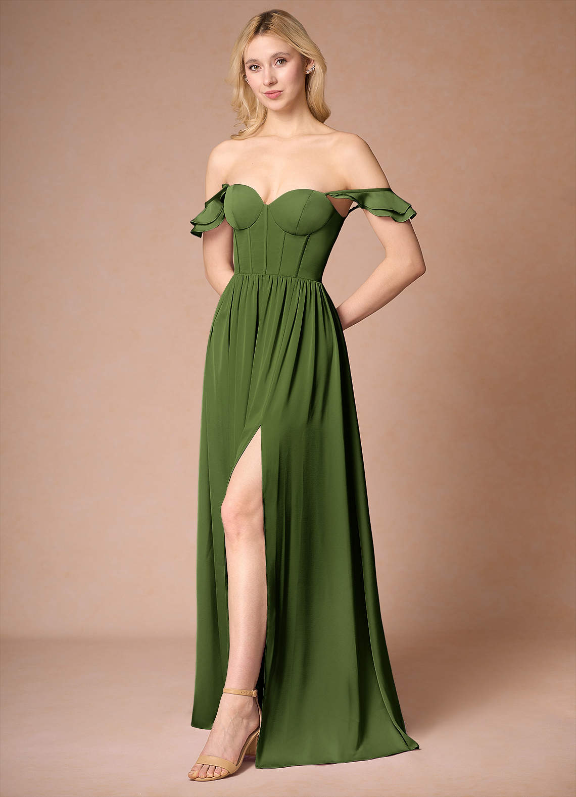 corset olive green dress Olive Green Corset Lace-Up A-Line Long Formal Prom Dress main image 0