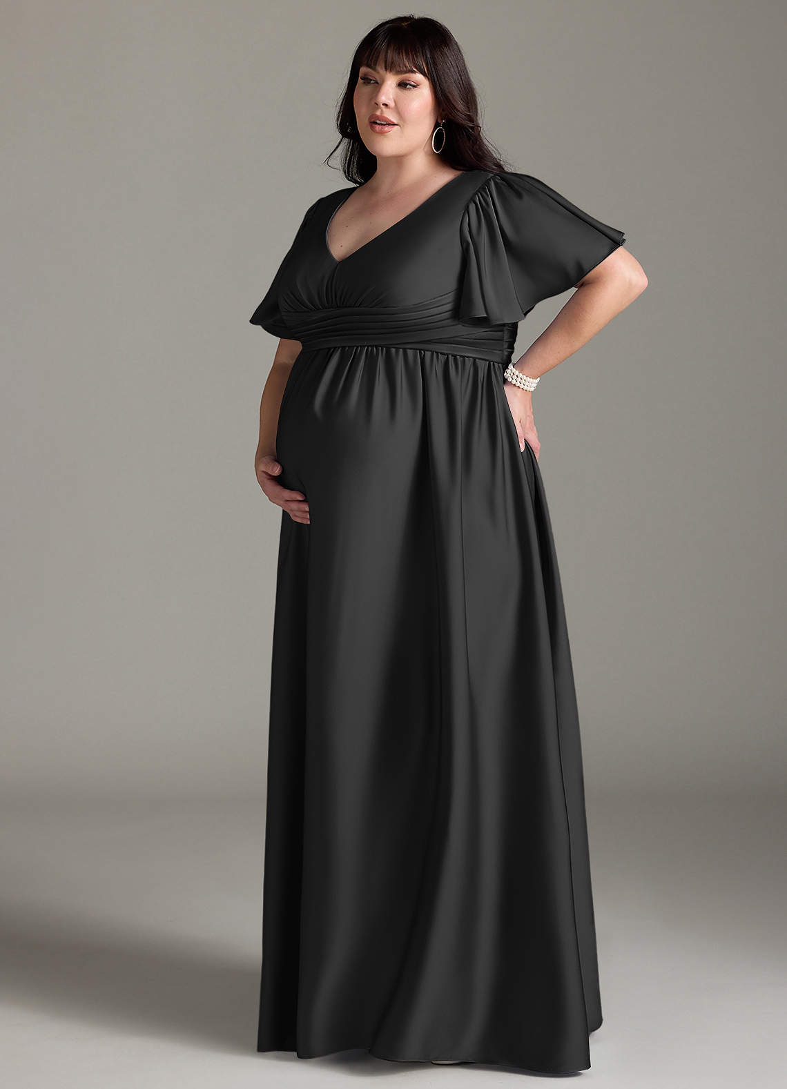 Azazie Verna vestidos de dama de honor de maternidad Vestido de Corte En A Volante Hasta el suelo Satén Elástico image13