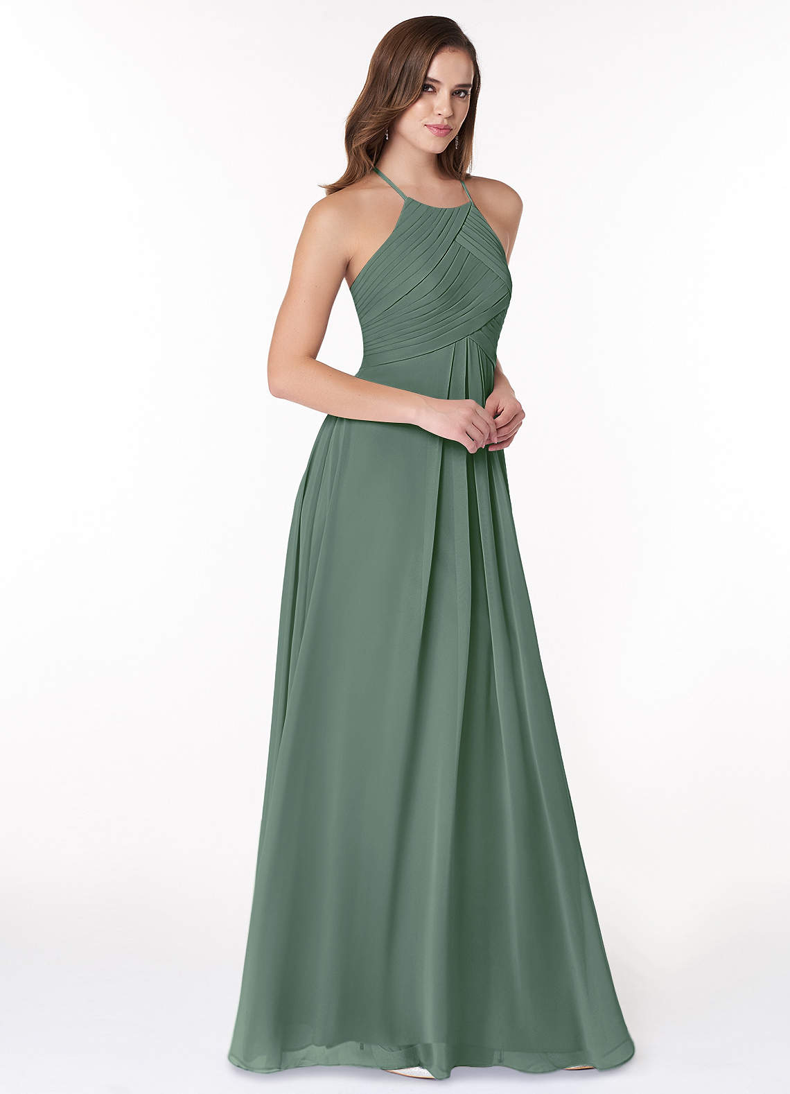 Azazie Ginger Vestidos de damas de honor Vestido de Eucalipto de Gasa de Corte en A con Halter Plisado image1