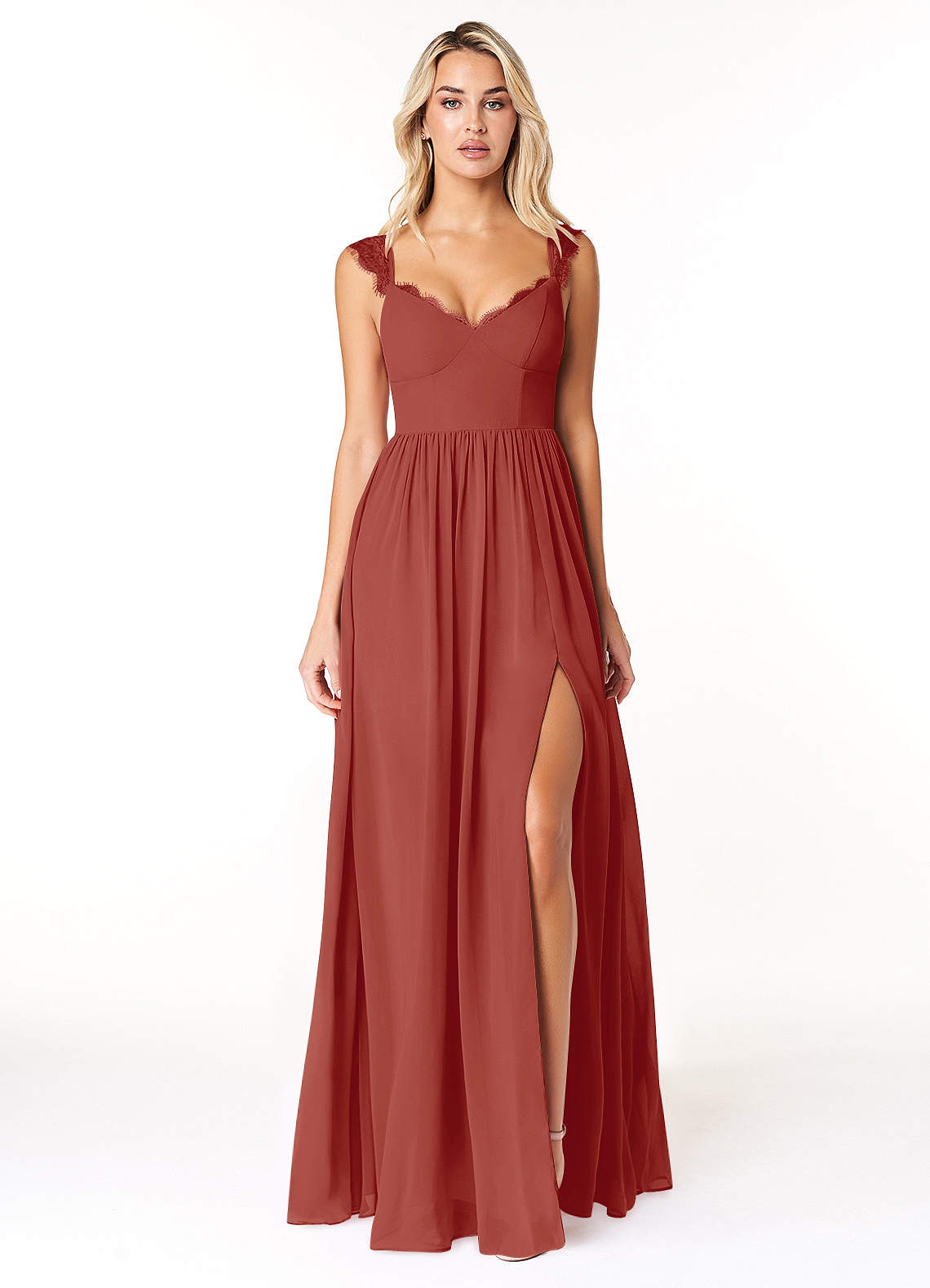 Azazie Cleobella Brautjungfernkleider A-Linie Herzchen Spitze Chiffon Kleid Terrakotta image1