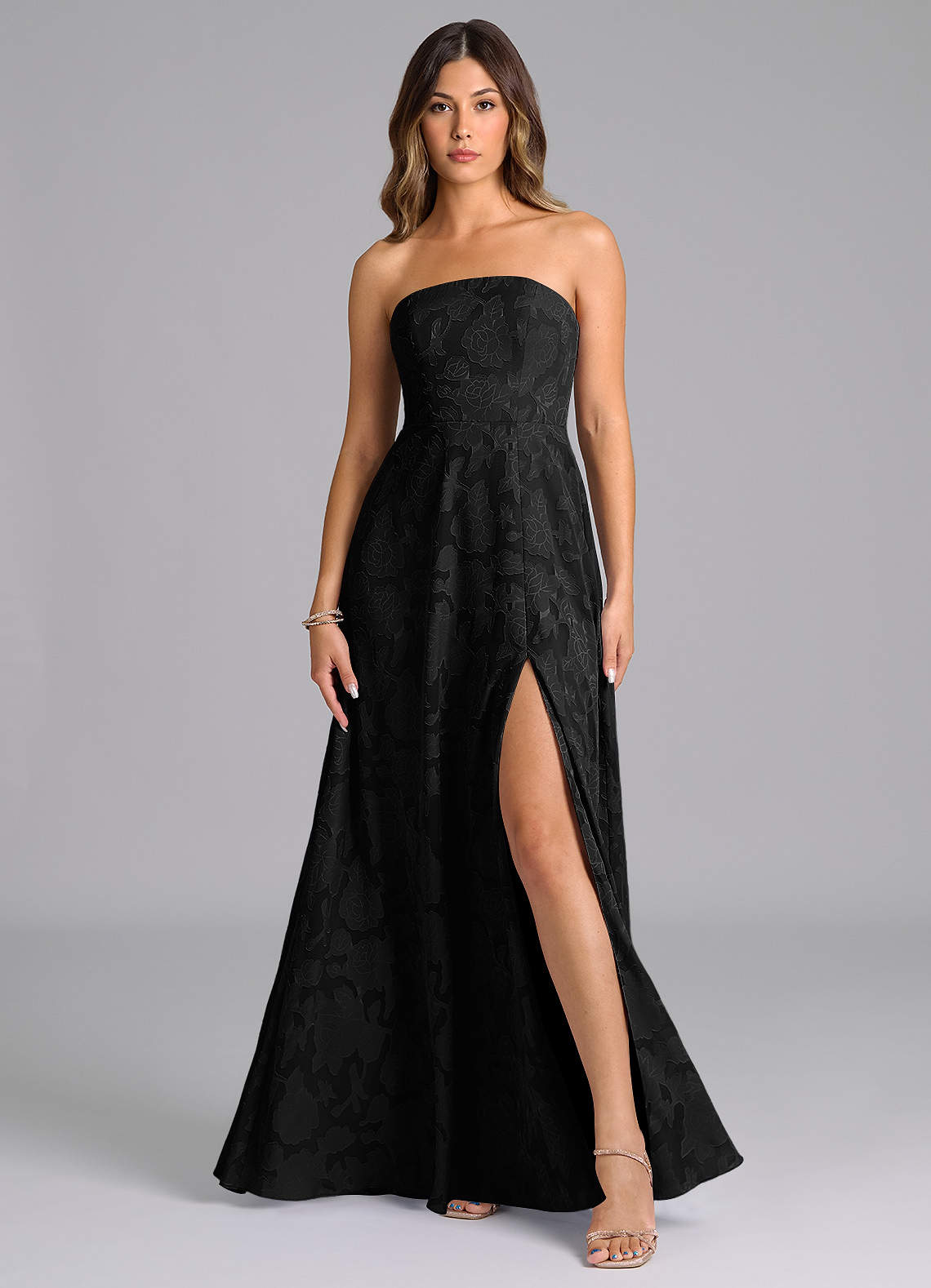 Azazie Wren Bridesmaid Dresses Black A-Line Strapless Floral Burnout Dress image1