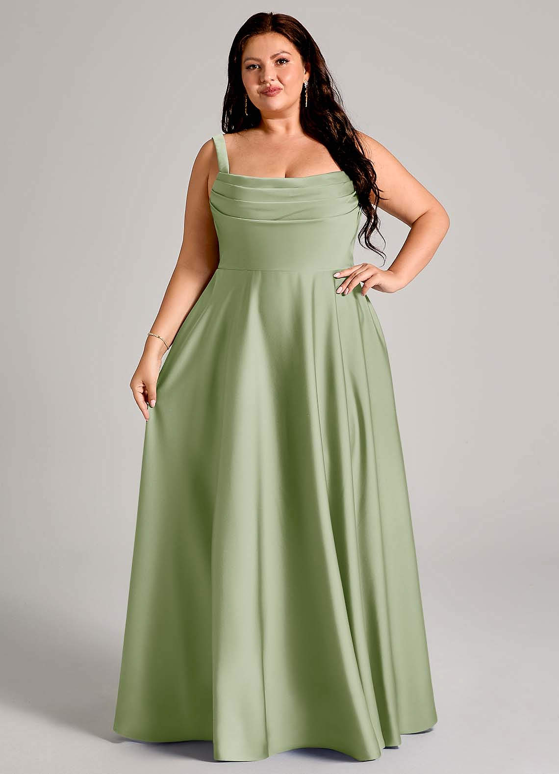 Azazie Shaude Bridesmaid Dresses Dusty Sage A-Line Pleated Stretch Satin Dress image11