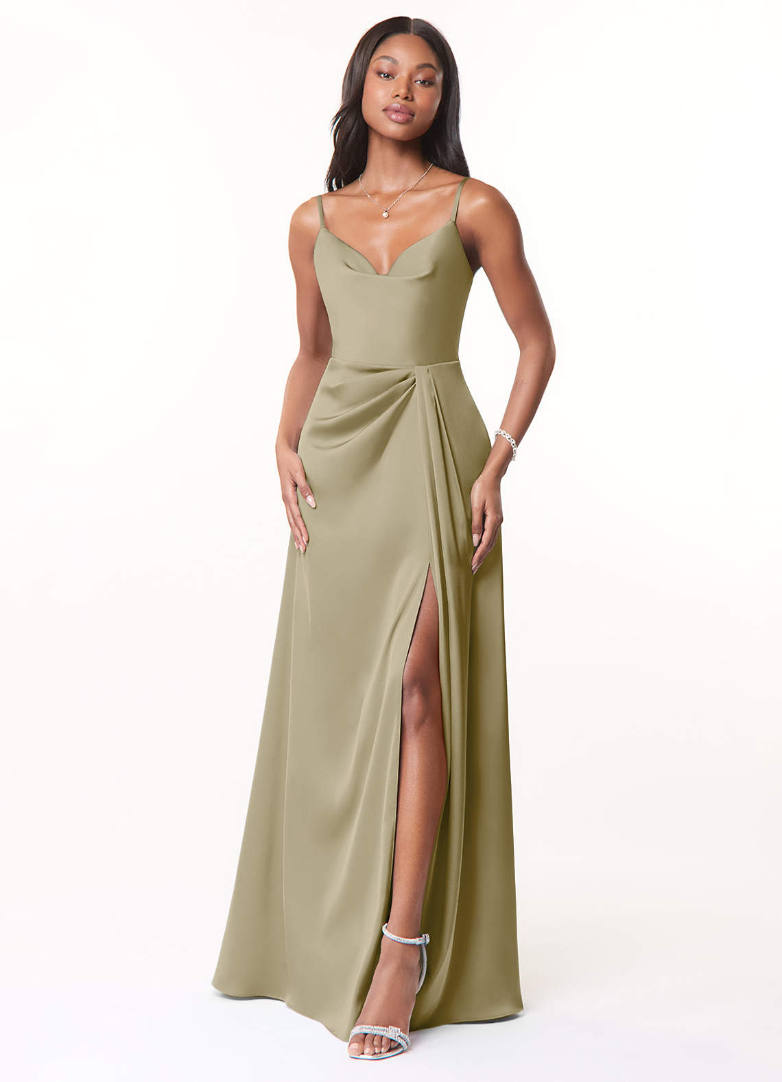 Azazie Brielle Vestidos de damas de honor Vestido de Musgo Verde de Satén Elástico de Corte en A con Tirantes finos con capucha image1