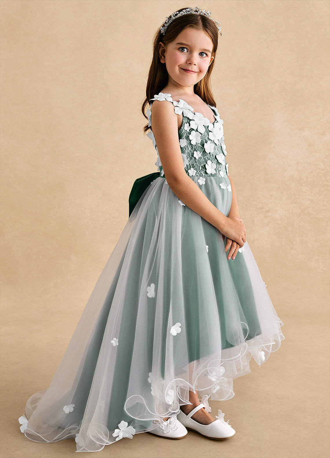 Azazie Celia Flower Girl Dresses Dark Green A-Line Lace Tulle Dress image2
