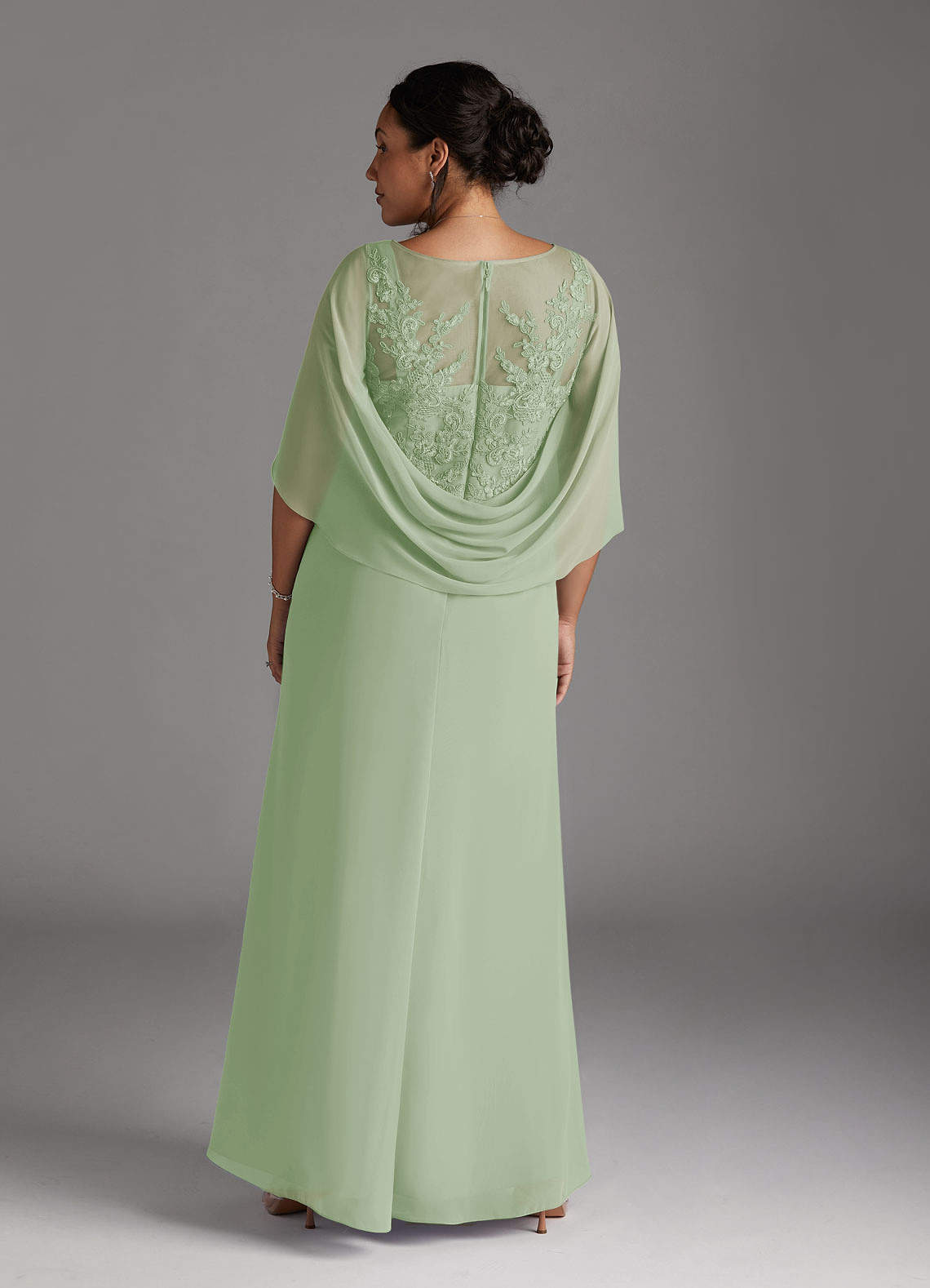 Azazie Hera Mother of the Bride Dresses Dusty Sage A-Line Lace Capelet Chiffon Dress image6