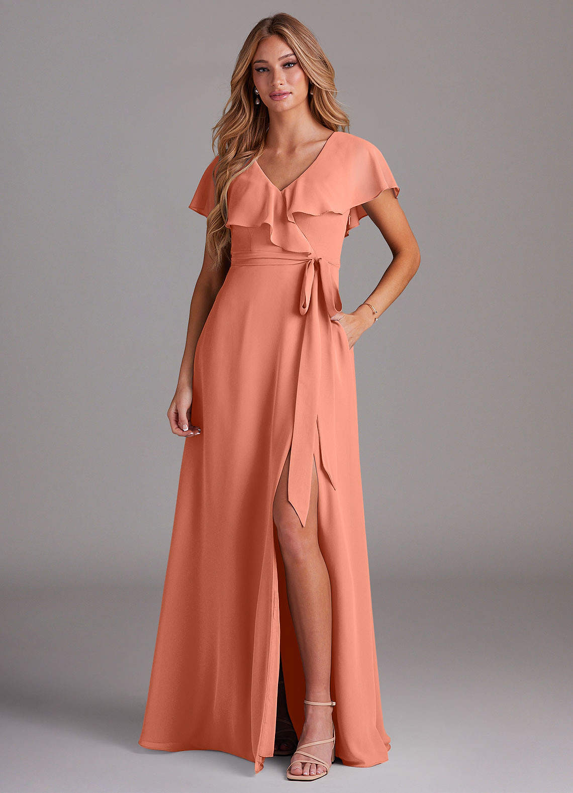 Azazie Lainey Bridesmaid Dresses Sunset A-Line with Pockets Chiffon Dress image1