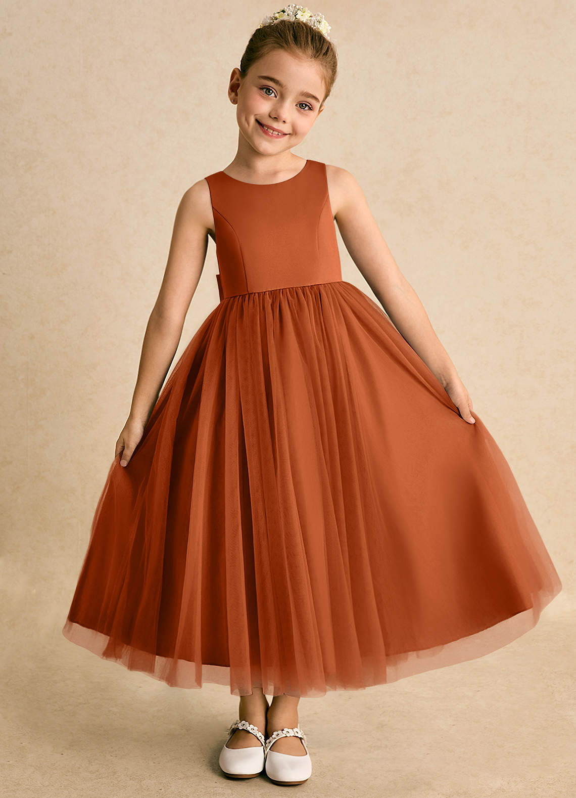 Azazie Solia Robe Demoiselle D'honneur Fillette Robe Princesse en Tulle Arc Orange Brûlée image4