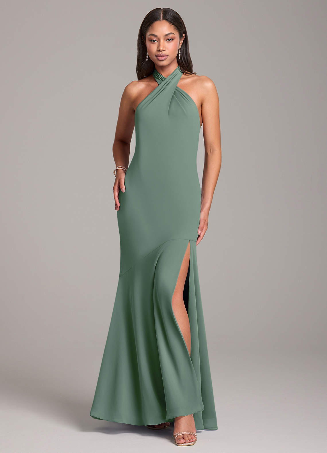 Azazie Lorena Brautjungfernkleider Meerjungfrau-Linie Plissee Chiffon Kleid Eukalyptus image1