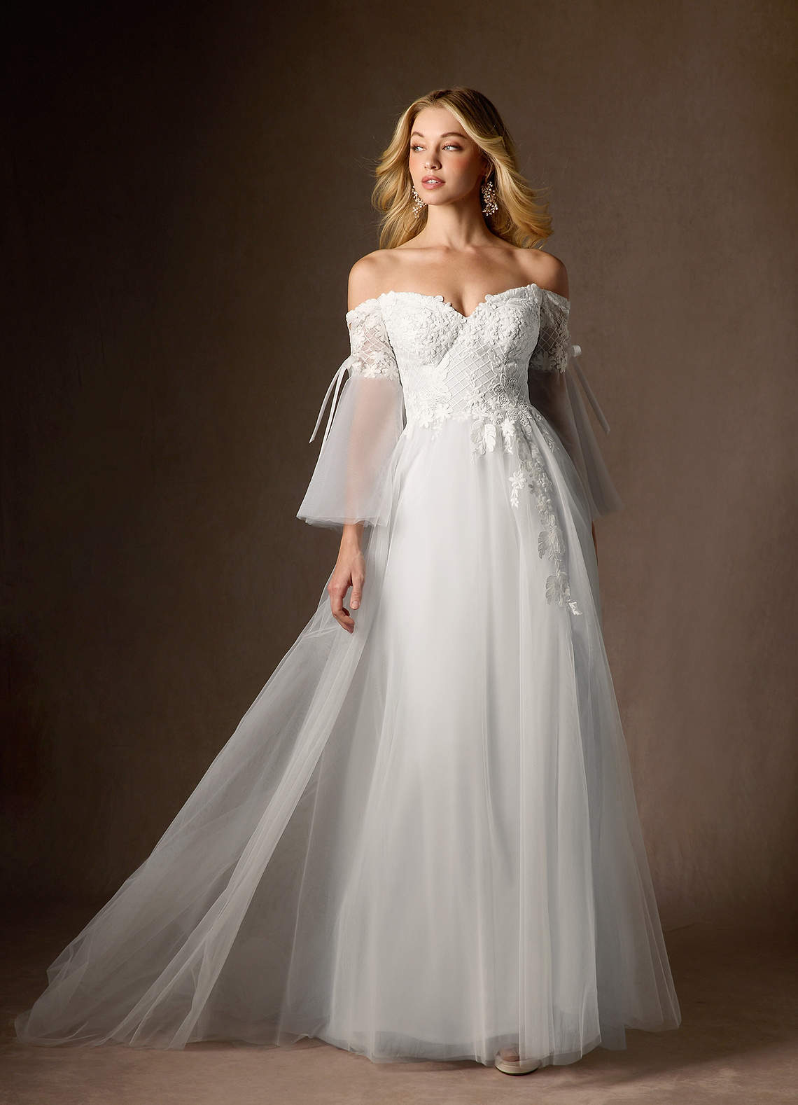 Azazie Stevie Final Sale Diamond White Nude A-Line Off the Shoulder Tulle Dress image1