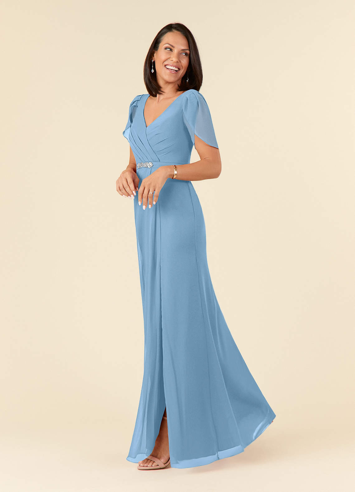 Azazie Marianne Steel Blue Sheath V-Neck Pleated Chiffon Dress